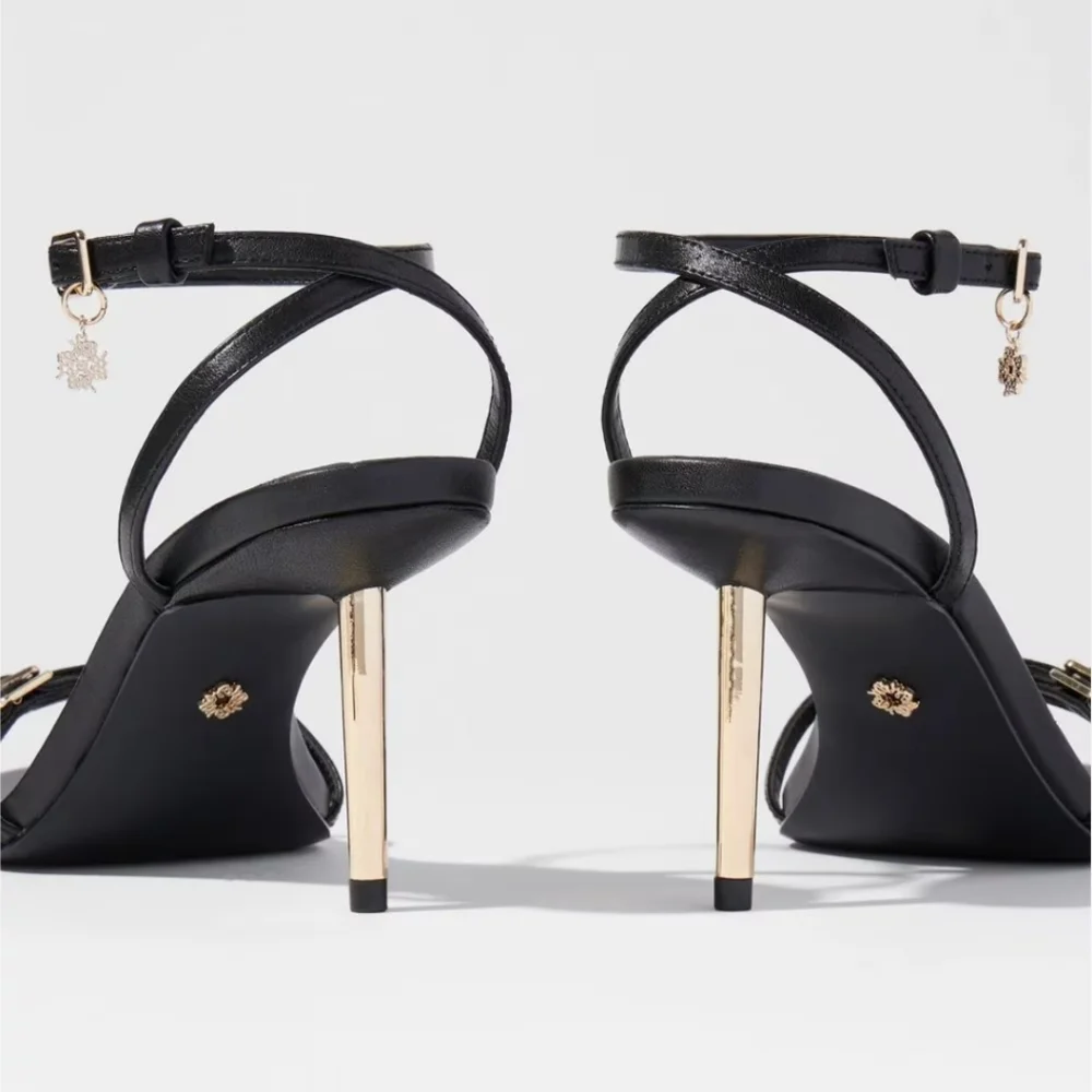 WHBM Black Strappy Gold Heels NEW IN BOX